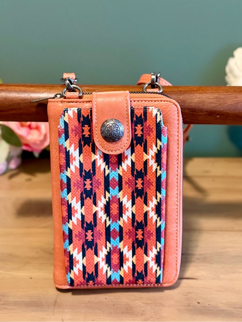American Bling Southwestern Crossbody Wallet Phone Holder Coral